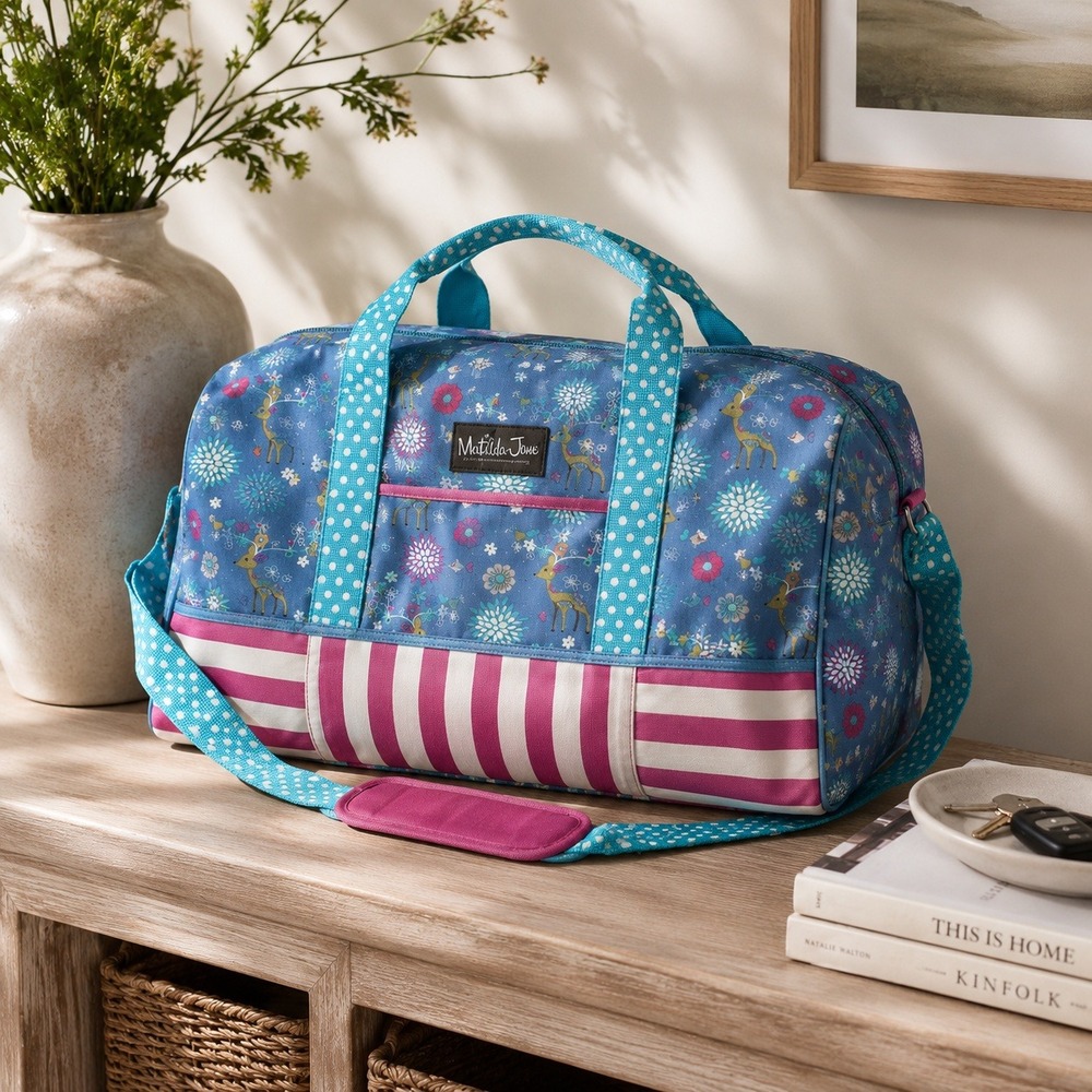Matilda Jane Duffel Bag Girls Floral Stripe Canvas Travel Weekender Blue Pink